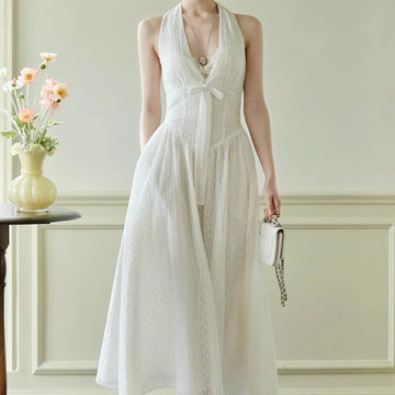 Xajzpa Fashion Casual Dress Women's V Neck Sleeveless Bow Waist Retraction A Line Dresses 2025 Summer New Tide